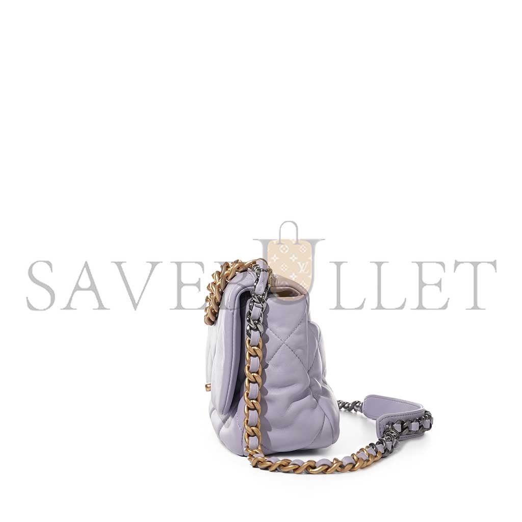 CHANEL PURPLE QUILTED LAMBSKIN CHANEL 19 FLAP BRUSHED GOLD AND RUTHENIUM HARDWARE AS1160 (26*16*9cm)